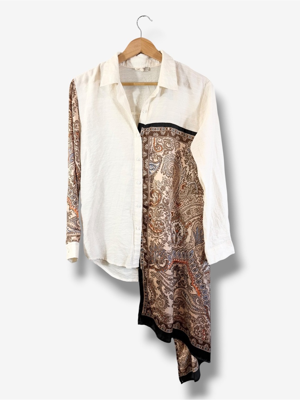Mystree Boho Festival Blouse Size M Ivory Brown Asymmetrical Patchwork Casual